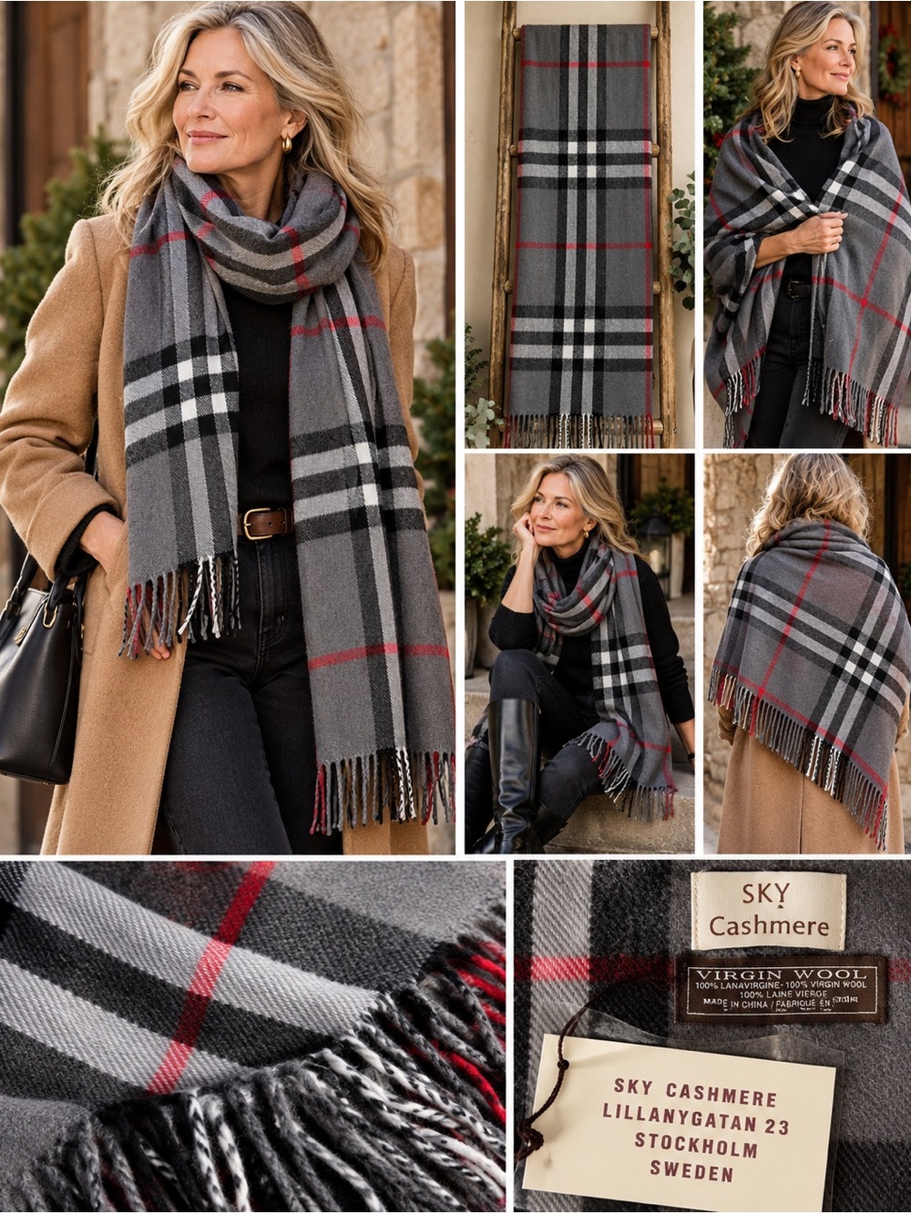 NWT SKY Cashmere Oversized Virgin Wool Plaid Wrap Scarf 79”